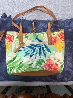 Rosetti Multicolor Floral Canvas Tote with Tan Handles